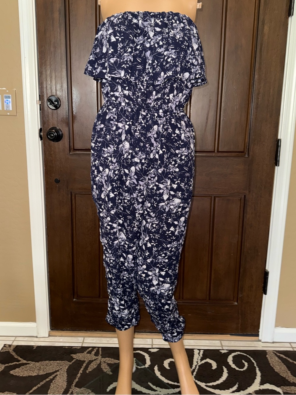 JUNIORS- Princess Vera Wang Strapless Floral Jumpsuit in Navy and White